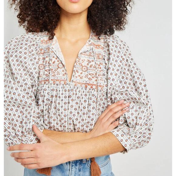 Mille Womens Charlie Top Blouse Size L Floral Organic Cotton Boho Sedona Tan - Picture 2 of 9